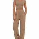 BTFBM Womens 2 Piece Outfits Spring 2026 V Neck Cap Sleeve Ruched Top Wide Leg Pants Sets Rib Knit Lounge Matching Set(Khaki, XX-Large) (Brown, XXL)