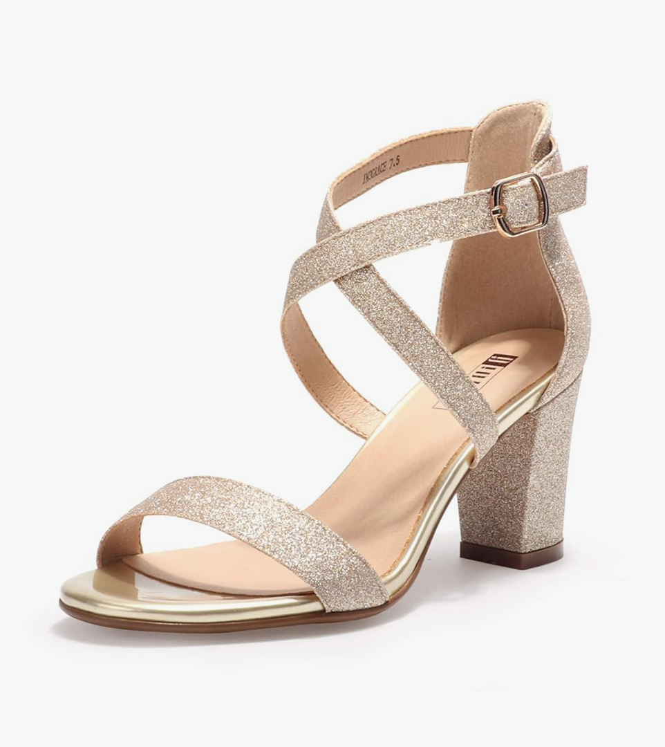 IDIFU Women's IN3 Grace Strappy Block Heels Sandals Comfy Open Toe Chunky Dress Wedding Shoes with Adjustable Cross Strap, 8