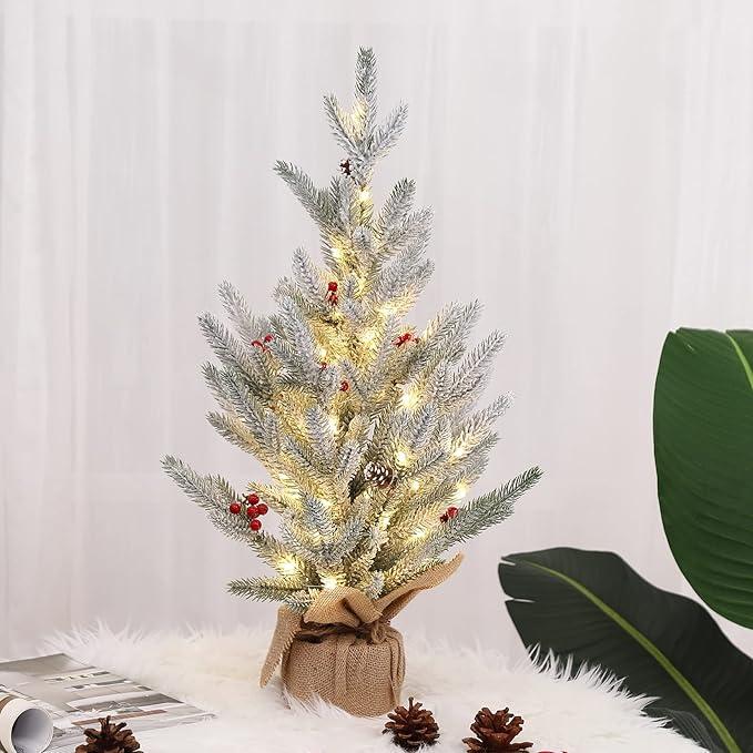 Adeeing 24 Inch Prelit Artificial Tabletop Mini Christmas Tree with Lights, Small Green Frosted Christmas Trees with Burlap Base, Miniature Pine Christmas Trees Decoration, 2 Ft