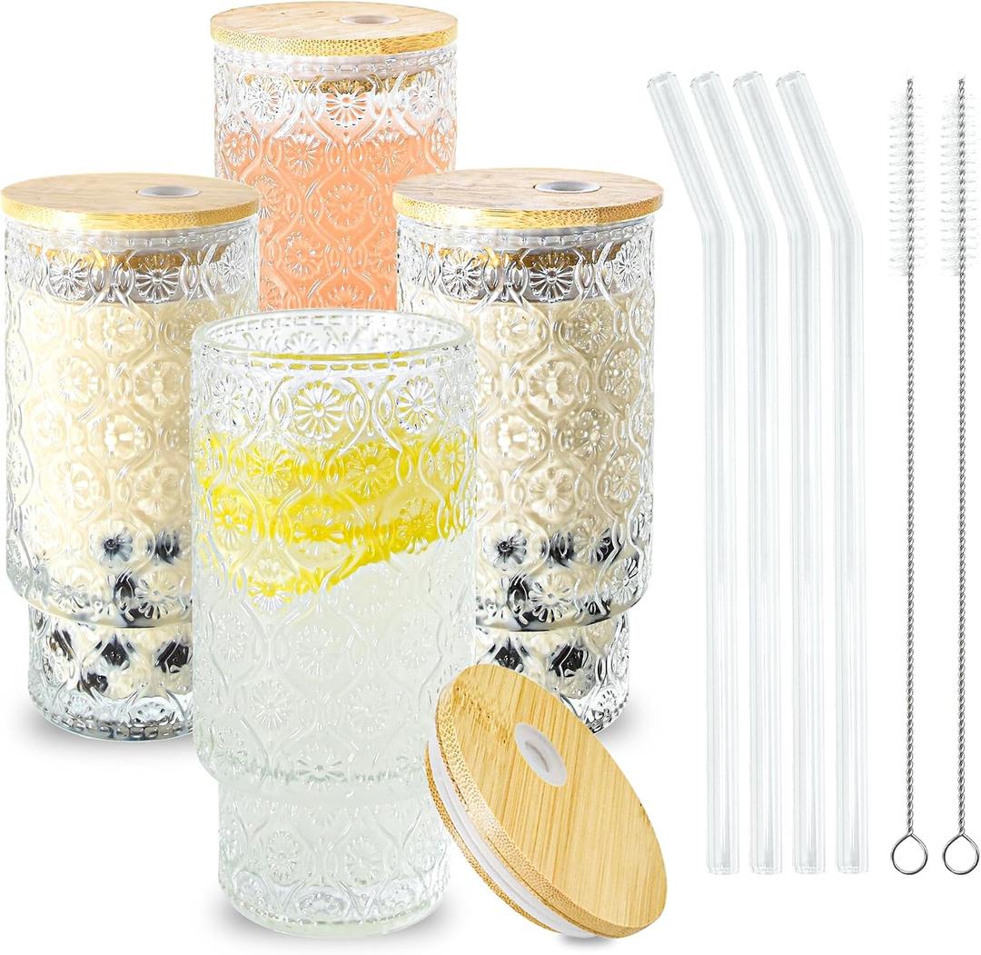 4 Pcs 16oz Drinking Glasses Cups Set with Bamboo Lids Straws Brush Begonia Vintage Glassware Set for Juice Iced Coffee Beer Cocktail Whiskey