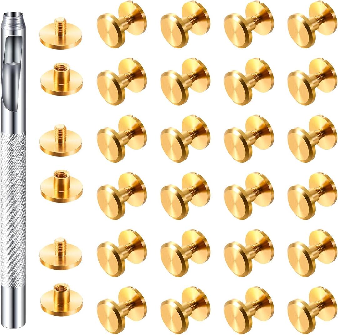 Hotop 60 Pairs Gold Chicago Screws Brass Chicago Screws Solid Rivets for Belts Binding Stud Tools Leather Fasteners Rivets Belt Strap with Hole Punch Tool for DIY Jean(Gold,M4 x 4 x 10)