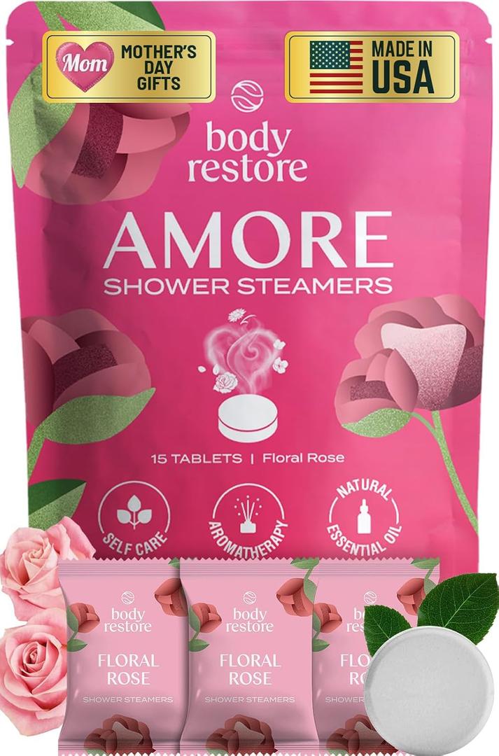 Body Restore Shower Steamers Aromatherapy 15 Pack Mothers Day Gifts for Mom, Spa Gifts for Women, Relaxation Self Care Premium Rose Essential Oil Tablets