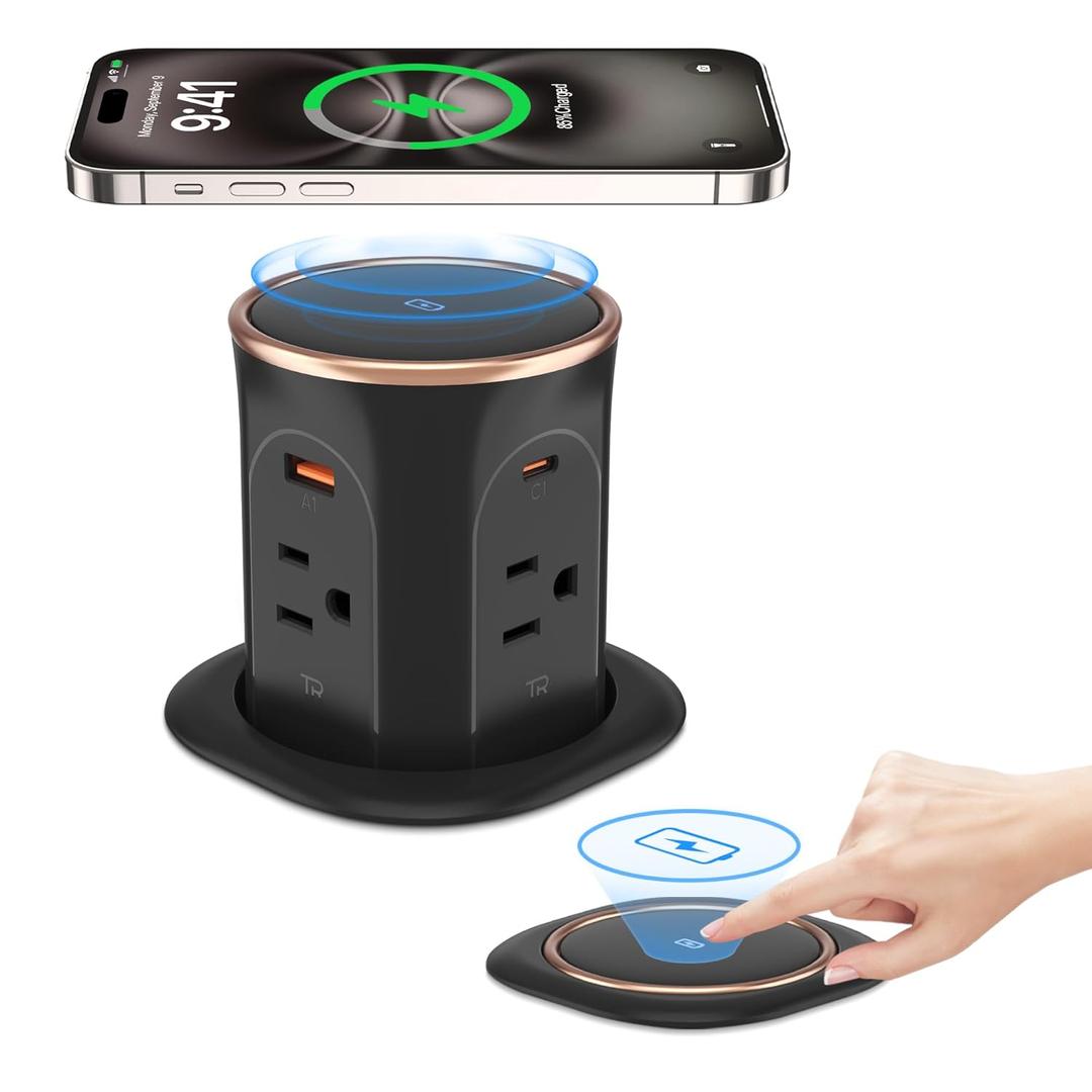 ANNQUAN Motorized Pop Up Countertop Receptacle with 15W Wireless Charger,Max 20W Power Delivery,3.15" Automatic Pop Up Electrical Outlet with 4 Outlets 4 USB Ports for Home Office Kitchen Black, 2 Pack