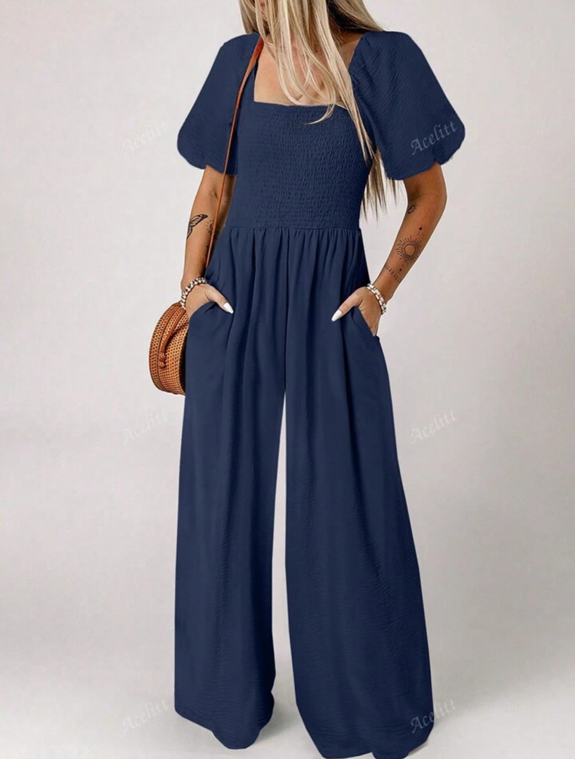 Acelitt Women Solid Color Minimalist Crew Neck Loose Short Sleeve Jumpsuit, SIZE M