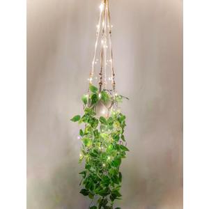 Comtelek 2 Pack Hanging Planter with Lights Indoor Macrame Plant Hanger Basket with Wood Beads Flower Pot Holder No Tassels for Boho Home Window Decor 35 Inch, Ivory (POTS NOT Included) (2 PACK - No Tassels + LED Lights)