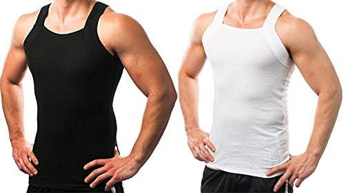 Different Touch 2 Pack Men's Tank Tops Square Cut Muscle Rib A-Shirts (Black & White) Medium