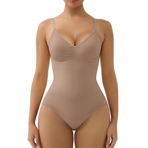 SHAPERX Women's Seamless Bodysuits Tummy Control Shapewear Briefs Body Shaper with Removable Pads,SZ5433-Sienna-S/M