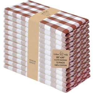 Urban Villa Cloth Napkins 100% Cotton Dinner Napkins Highly Absorbent 20x20 Inches (Set of 12) Brown White Buffalo Checks Reusable Washable Soft Durable Premium Napkins Ideal for Home Wedding Parties