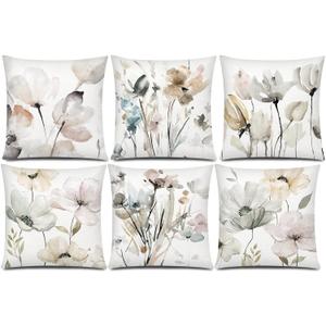 4 x COMMINY Brown White Grey Pillow Covers 18x18 Set of 6 Flower Throw Pillow Cover for Couch Modern Decorative Watercolor Floral Cushion Cover for Sofa Bedroom Living Room Farmhouse Home Decor