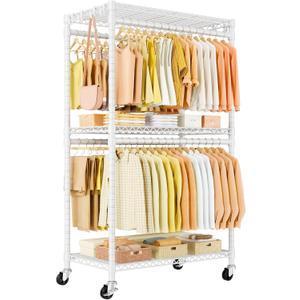 ULIFHOME P5 Rolling Clothes Rack Heavy Duty, Clothing Racks for Hanging Clothes, Metal Garment Rack with Wheels, 3-Tier Portable Closet Rack 39.4'' W 20.5'' D 80.5'' H, Max Load 650 Lbs, White