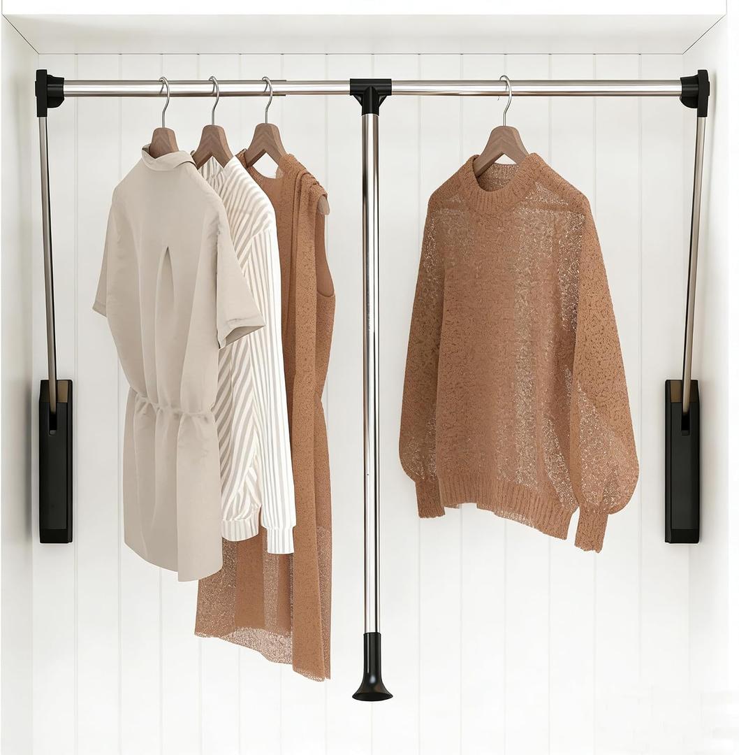 tonchean Pull Down Closet Rod Stainless Steel 32.6-45.3Inch Adjustable Wardrobe Lift Rail Rod Back Mounted Closet Pole for Waredrobe & Hanging Clothes