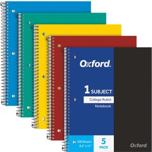Oxford 1 Subject Spiral Notebook, Notebook for School, Plastic Covers, Back to School Supplies, College Ruled, 100 Sheets, 5 Pack, Assorted Primary Colors: Black, Blue, Red, Green and Yellow (1009289)