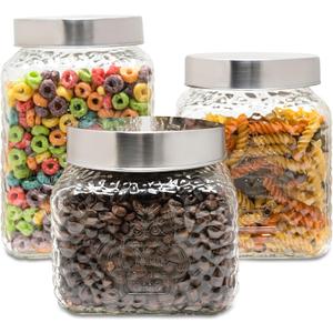 American Atelier Hammered La Maison Canister Set 3-Piece Glass Jars in 43oz, 64oz & 75oz Chic Design w/Airtight Stainless Steel Lids for Cookies, Candy, Coffee, Flour, Sugar, Rice, Pasta, Cereal