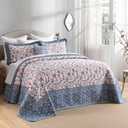 Oversized Queen Bedspreads 102"x120" - 100% Cotton Super King Quilt, Vintage Floral Pattern, Extra Large Lightweight Reversible Quilted Bedspread Coverlet, 3 Pcs, Blue/Red