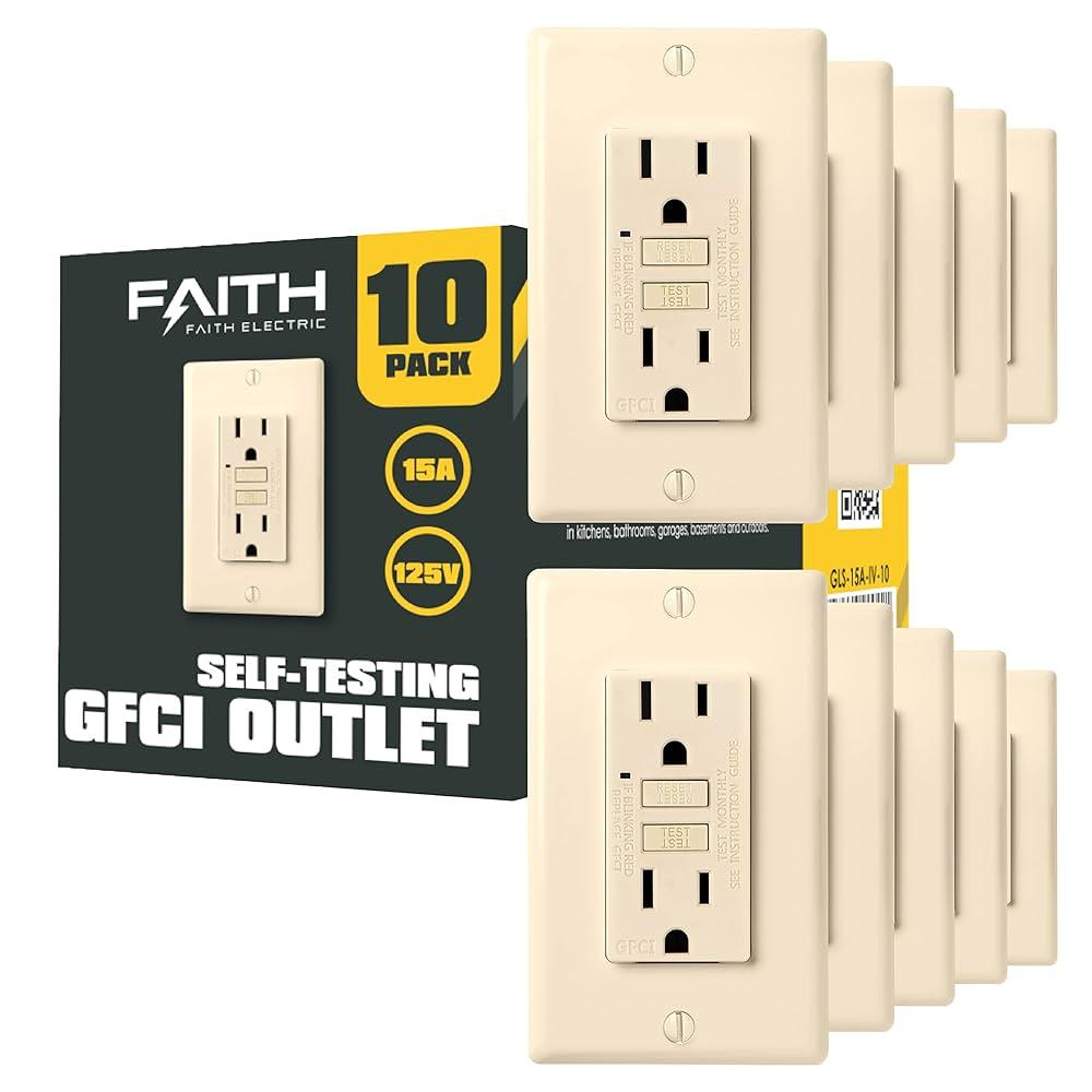 Faith [10-Pack] 15A GFCI Outlets, ETL Listed, Non-Tamper-Resistant GFI Duplex Receptacles with LED Indicator, Self-Test Ground Fault Circuit Interrupter with Wall Plate, Ivory, 10 Piece