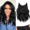 KooKaStyle Invisible Wire Hair Extensions with Transparent Headband Adjustable Size 4 Secure Clips Long Wavy Secret Wire Synthetic Hairpiece for Women (12 Inch, Black)