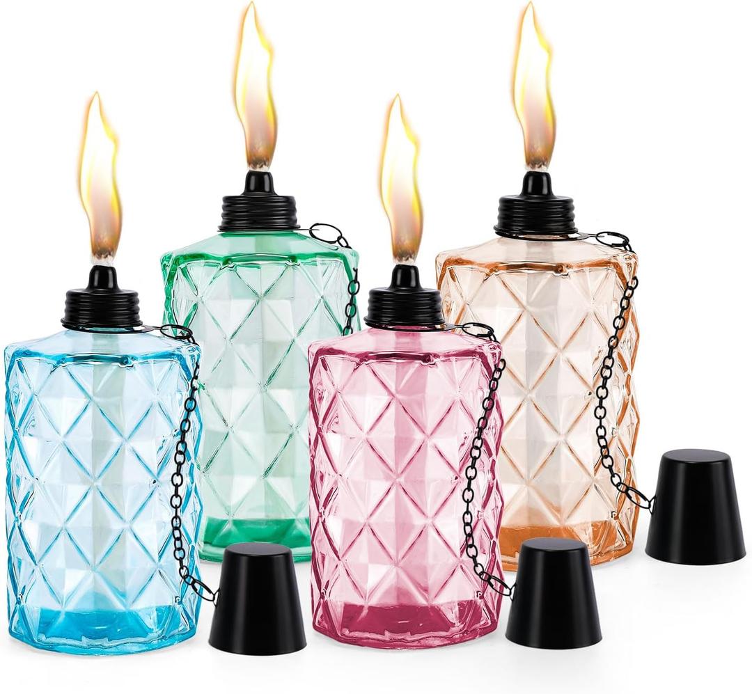 4 Pack Glass Table Top Torches,12 oz Citronella Torches for Outside with Wick and Cap, Refillable Flame Light Torch,Landscape Lanterns Torches for Garden Yard Patio Party Decor