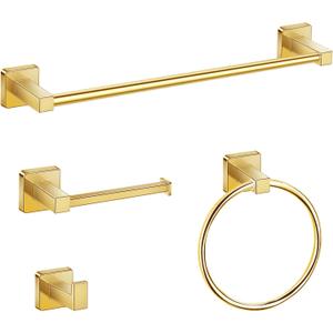 DEGULAS Bathroom Hardware Set 4 Pieces, Stainless Steel Gold Towel Bar Set, Includes 24In Towel Bar, Towel Ring, Robe Towel Hooks,Toilet Paper Holder, Bathroom Towel Rack Set