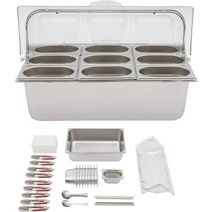 Countertop Food Serving Display Container Stainless Steel Condiment Dispenser Fruit Salad Display Rack W/Lid 9 Clamps 9 Spoons 3 Ice Boxes for Buffet Restaurant Hotel (9 Compartments)