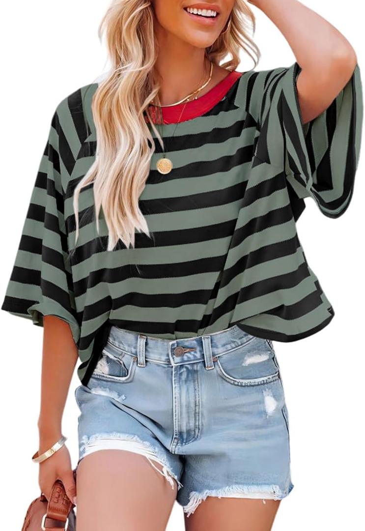 Dokotoo Tops for Women Striped 2025 Fashion T Shirts for Women Color Block Crewneck Design Loose Basic Tee (L)