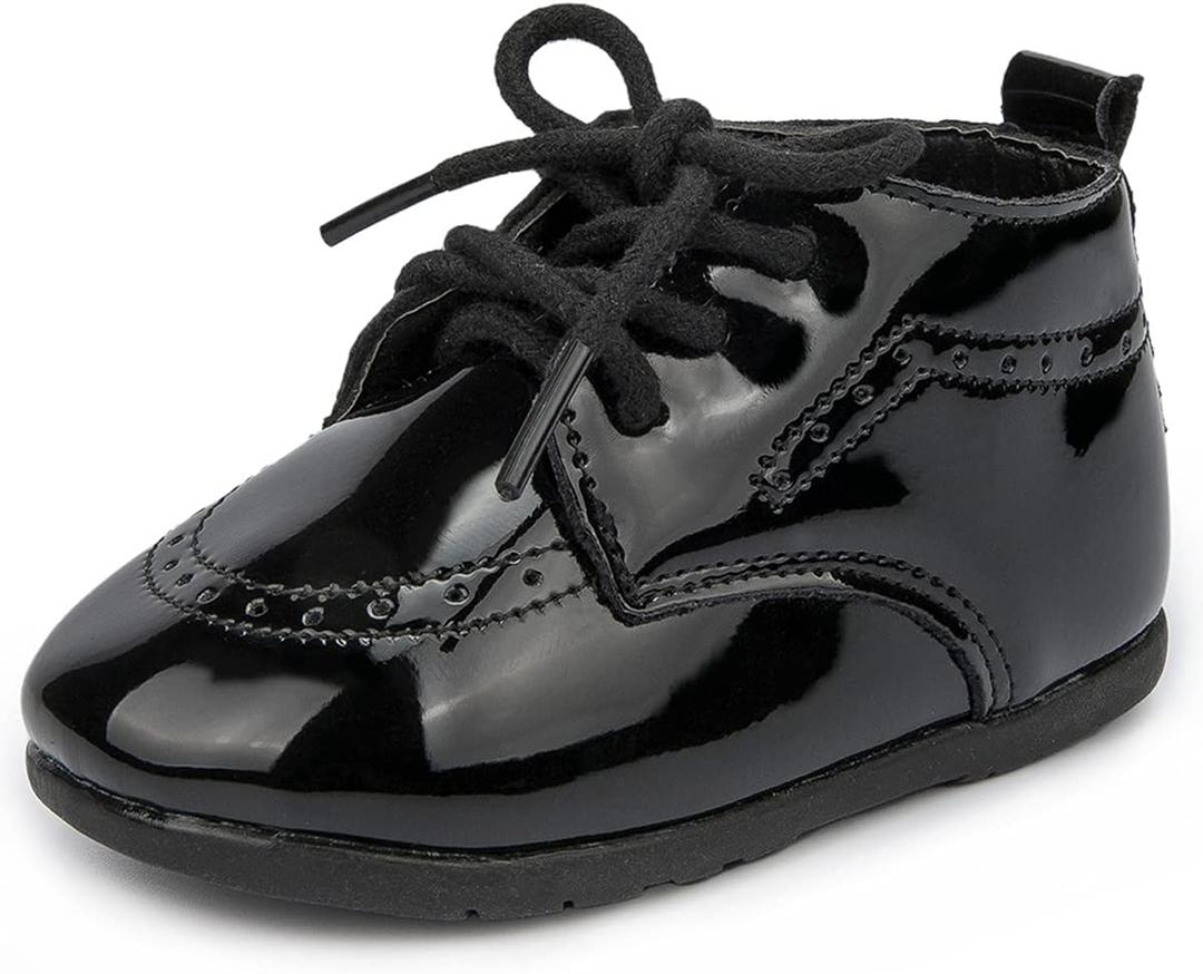 ohsofy Infant Baby Boy Oxford Shoes PU Leather Loafers Rubber and Soft Sole Wedding Dress Shoes Toddler Girl Baby Walking Shoes (6-12 Months Infant, A01_mirror Black)