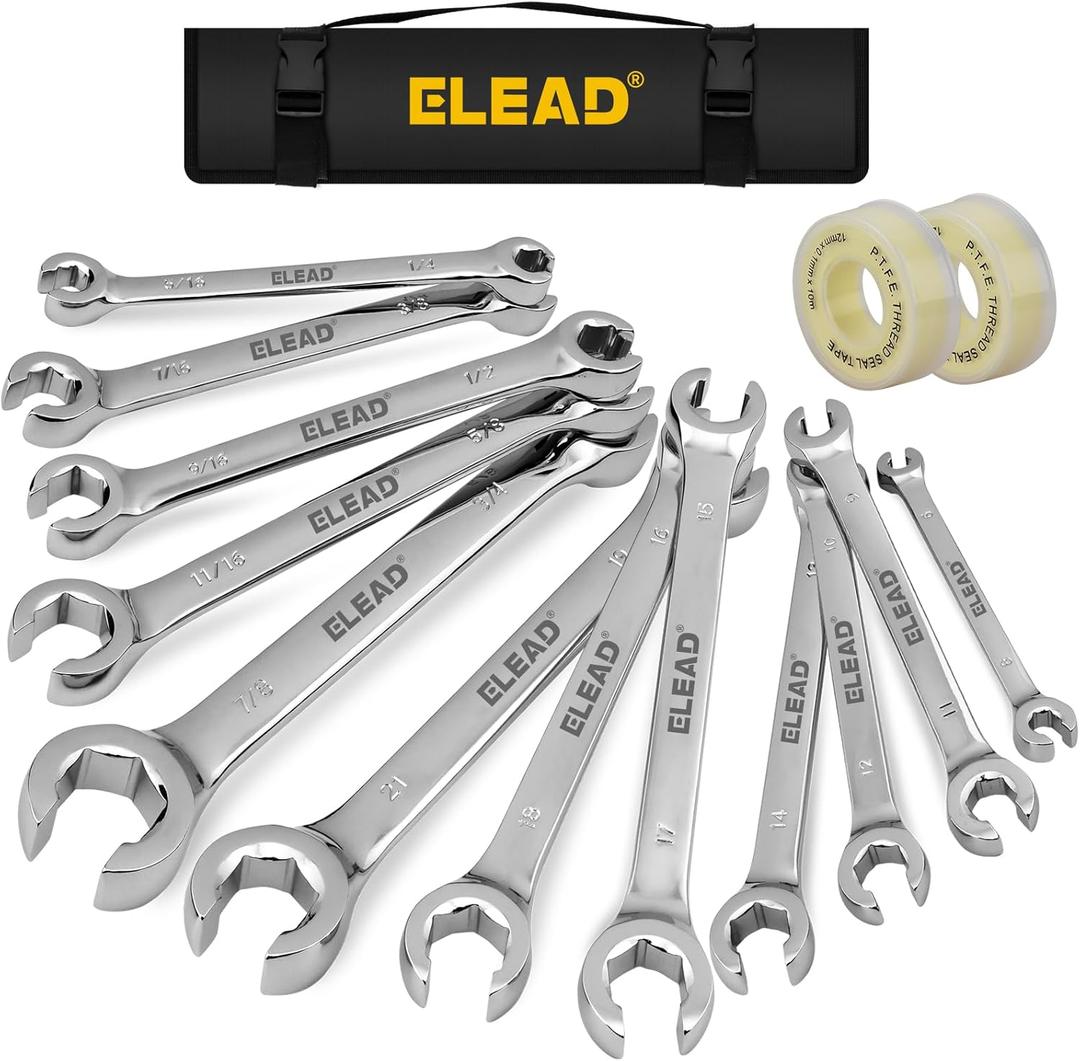 ELEAD 14-Piece Flare Nut Wrench Set with PTFE Tape, Metric & SAE 1/4"-7/8"& 6-21mm, Brake Line Wrench Set Double Open End with Organizer Pouch for Repairing and Removing Nuts