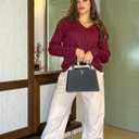 ZAFUL Women's V Neck Cable Knit Sweater 2025 Fall Pullover Long Sleeve Ribbed Loose Top Casual Outfits (Wine Red)