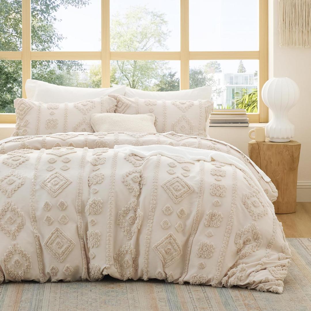 Bedsure Boho Duvet Cover Queen Size - Beige Tufted Boho Bedding, Farmhouse Shabby Chic Embroidery Bedding for All Seasons, 3 Pieces, 1 Soft Jacquard Queen Comforter Cover and 2 Pillow Shams (Queen (90" x 90"))