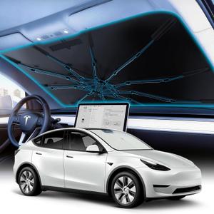 ULiXWH 2026 Upgrade Tesla Model Y & 3 Accessories Windshield Sun Shade Umbrella Thickened High-Density Nano Coating Heat Shield Protect Car from Sun Rays & Heat Damage Keep Cool & Protect Interior