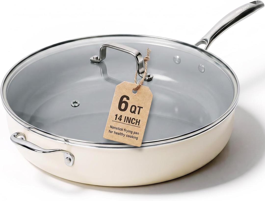 Kikcoin 14 INCH Ceramic Nonstick Deep Frying Pan with Lid, 6 QT Family Size | PFAS Free Non Toxic Saute Pan; Induction Ready; with Tempered Glass Lid, Stay Cool Handle; Dishwasher & Oven Safe to 536°F