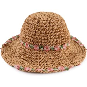 Baby Girl Sun Hat for Toddler Straw Hats Kids Bucket Hat with Bow Flower Baby Sun Cap for Girls Beach Summer Outdoor (Brown), One Size