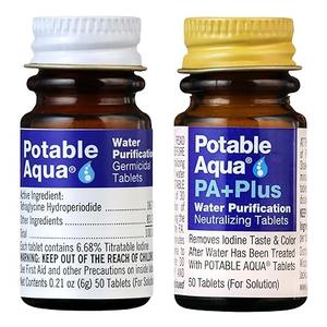 Potable Aqua Water Purification Tablets with PA Plus, Portable and Effective Solution for Camping, Hiking, Emergencies, Natural Disasters and International Travel, Two 50ct Bottles