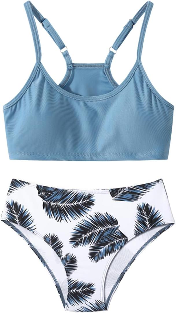 Girl Swimsuit Bikini Set Two Piece Bathing Suits Tropical Floral Beach Swimwear (7-8 Years, Gray Blue)