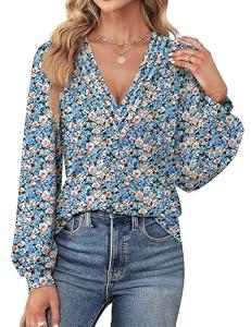 Agnes Urban Womens Tops Dressy Casual V Neck Long Sleeve Shirts Puff Sleeve Loose Tunic Boho Tops Blouses Blue Yellow Floral-XXL