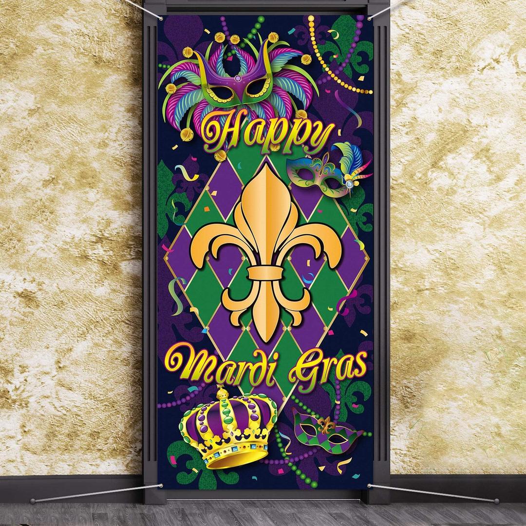 Blulu Mardi Gras Door Cover, New Orleans Carnival Front Door Decorative Hanging Welcome Banner Flag Fabric Happy Mardi Gras Sign Masquerade Party Backdrop for Party Favors, 78.7 x 35.4 Inch