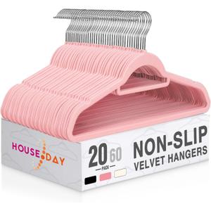 HOUSE DAY Velvet Hangers 20 Pack, Non-Slip Hangers with Tie Bar, Premium Standard Clothes Hangers Slim Felt Hanger 360 Swivel Hook for Closet Organized Storage Elegance Pink 72g/Pc