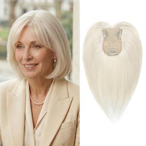 SEIKEA Hair Toppers for Women Real Human Hair with Wispy Bangs, 10" Ultra-light Breathable Hairpiece for 3.5''x2.7'' Mild Thinning Hair, Hand-Tied Scalp Hairpieces for Daily Wear & Gray Hair Coverage