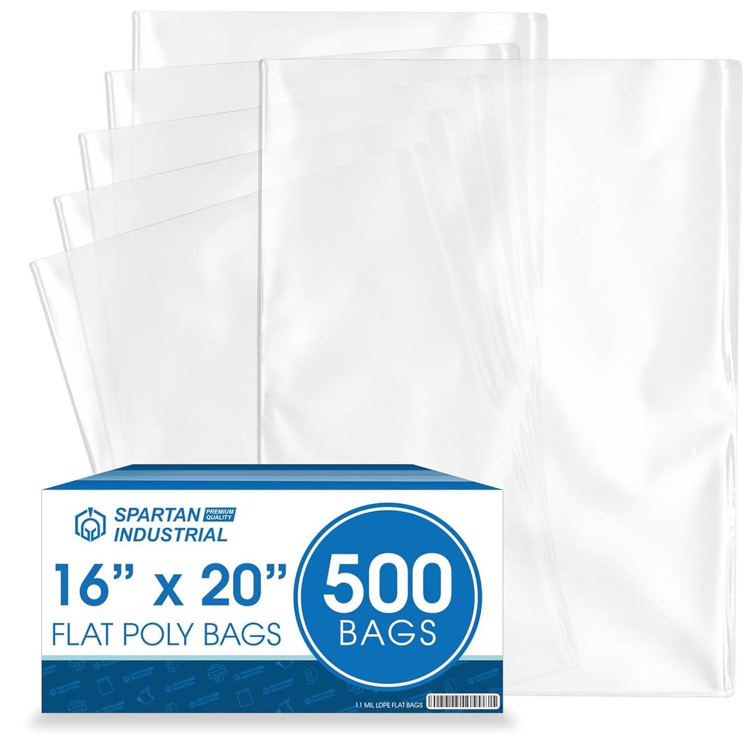 Spartan Industrial - 16 X 20 (500 Count) 1.1 Mil Flat Open End Clear Plastic Poly Bags - For Proofing Bread Dough, Packaging Clothes, Shirts (Thin & Lightweight - Bags DO NOT Have Seal)