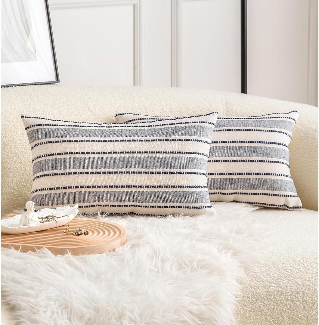 Decorative Boho Lumbar Throw Pillow Covers, Farmhouse Textured Pillow Case, 12 x 20 Inch Set of 2, Chair Sofa Bedroom Living Room Decor Couch Cushion Case, Navy Blue and Beige
