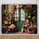 10x8ft Spring Flower Backdrop for Photography Indoor Blooming Flower Arch Wooden Door Floral Photo Background Video Photo Shoot Wedding Portrait Background Studio Photo Booth Props