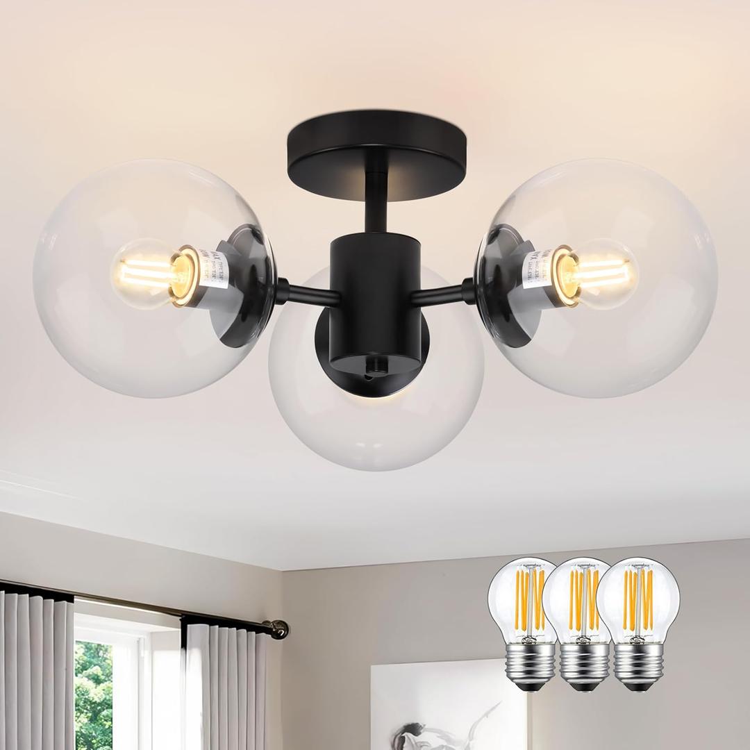 Mid Century 3-Light Clear Globe Glass Black Chandelier 19 Inch Modern Black Semi Flush Mount Ceiling Lights Modern Light Fixtures Ceiling Lights Fixture for Bedroom Hallway Entryway