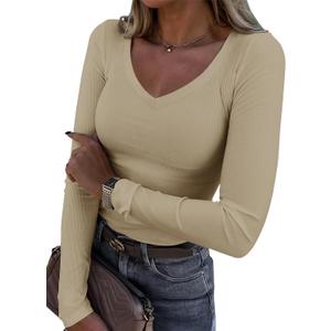 Roselux Womens Long Sleeve V Neck Ribbed Knit Fitted Casual Tops Tee Slim Basic Shirt (Small, Beige)
