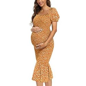 Maternity Summer Floral Midi Bodycon Dresses, Short Puff Sleeve Square Neck Ruffle Hem Mermaid Baby Shower Dress Coral Orange Small