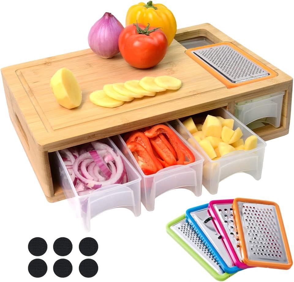Bamboo Cutting Board with Containers, Lids, and Graters, Large Wood Cutting Board with Containers, Food Dropping Zone, Carving Board with Easy-grip Handle, Juice Groove (Classic-XL)