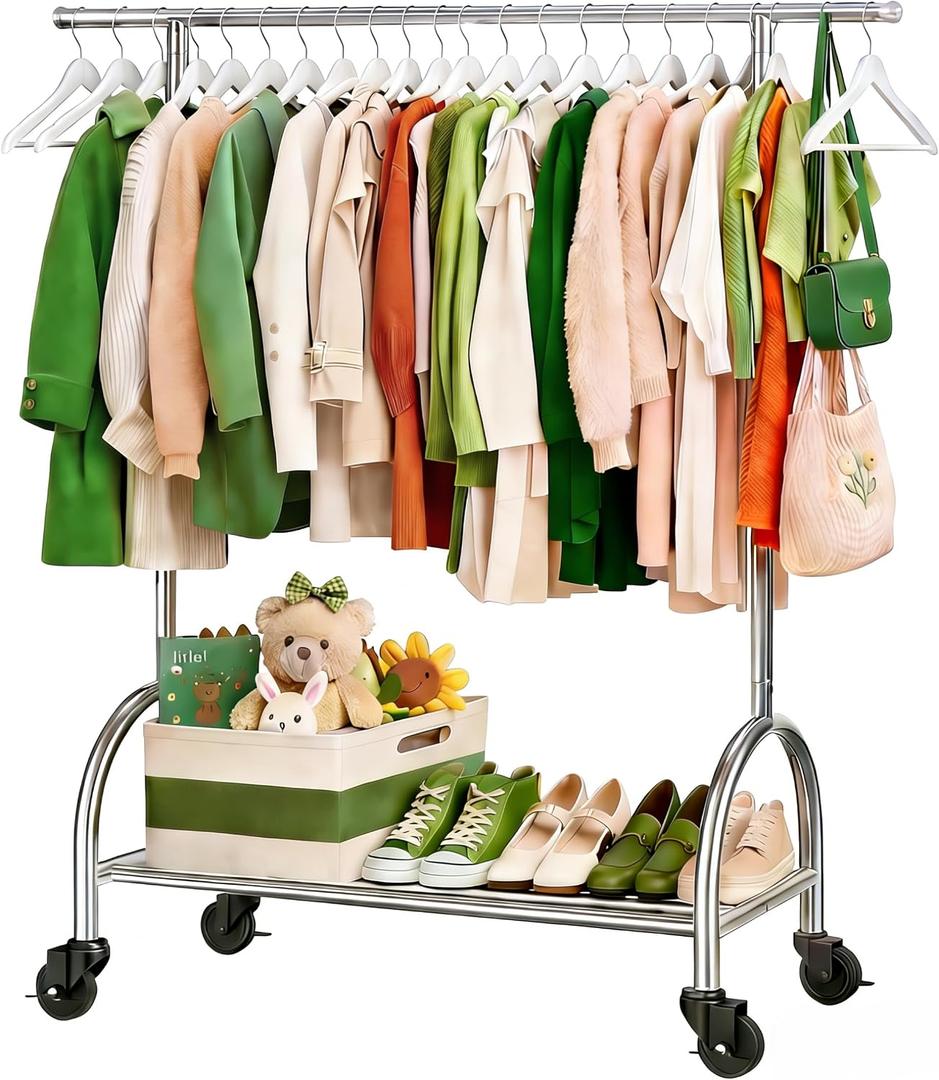 Upgraded 100% Stainless Steel Heavy Duty Clothing Rack, 450 LBS Load Capacity Extendable Adjustable Rolling Clothing Rack with Larger Sturdy Wheels & Shelves, Portable Hanging Closet Rack