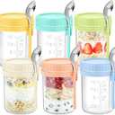 DRKIO 6 Pack Overnight Oats Containers with Lids and Spoons 16 Oz Glass Mason Jars for Overnight Oats Leak Proof Oatmeal Container Great for Cereal Fruit Vegetable Milk Salad Yogurt Meal Prep