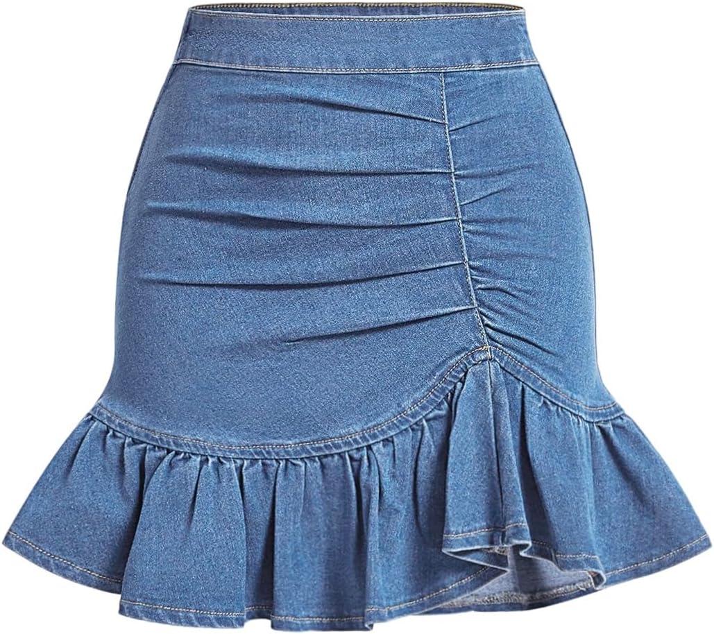 Floerns Women's Denim Skirts Ruffle Hem Short Skirts Ruched Bodycon Mini Skirts (Medium)