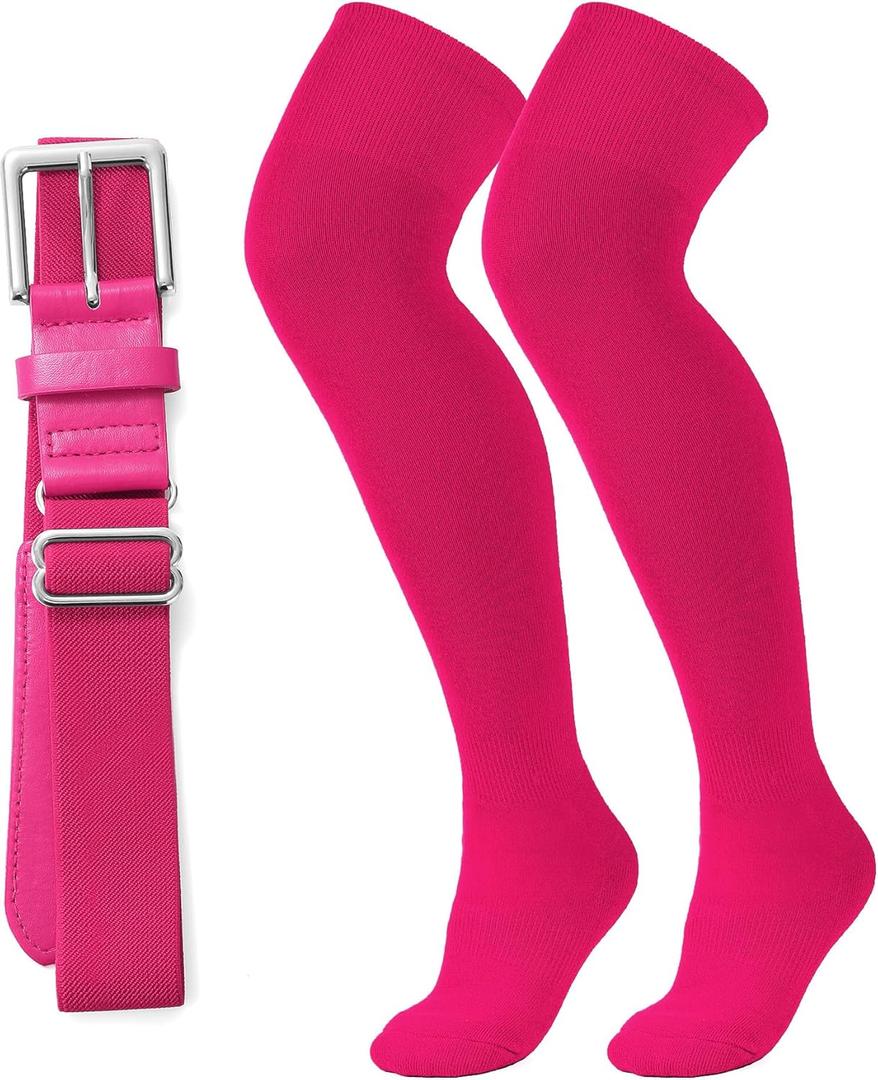 XZQTIVE Over the Knee Baseball Socks and Belt Combo Set for Kids Youth Adult Pink Softball Soccer Socks for Boy Girl, Pink  (Medium)