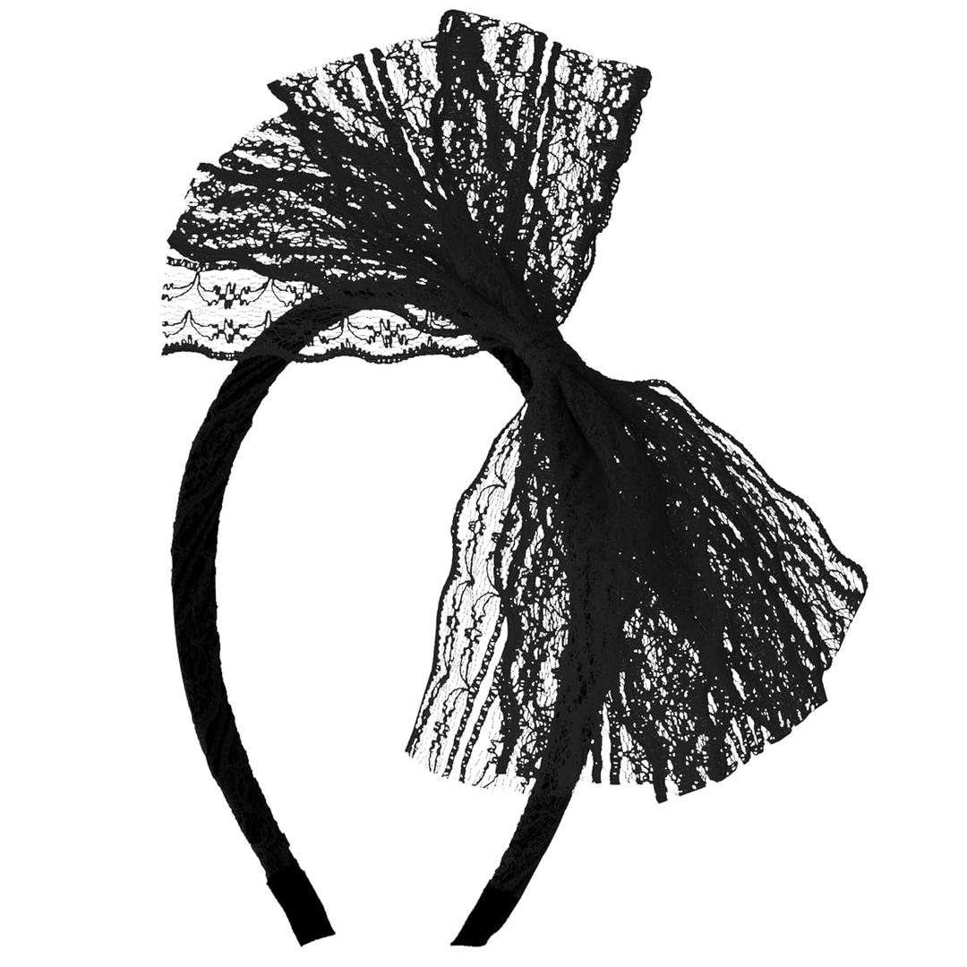 SUMERSHA Women Neon Lace Bow Headband 80s Costume Headwear Lace Bow Hair Accessory for 1980s Theme Party Halloween Hair Hoop (Black)