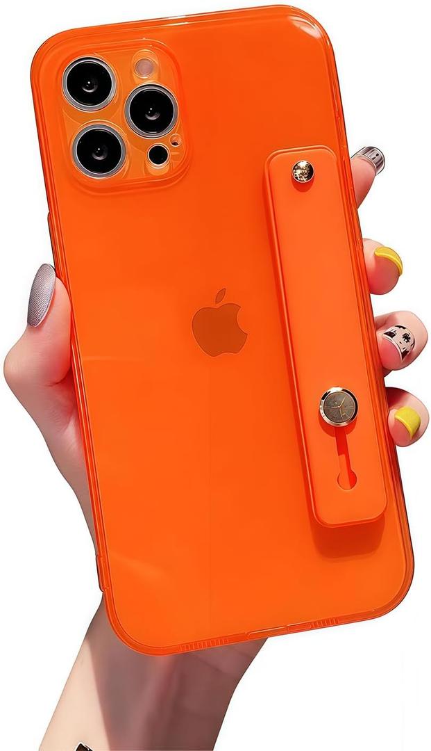 siduater Strap Holder Case for 6.1" iPhone 13 Pro Wrist Strap Kickstand, Shockproof Translucent PC Back Cover + Soft TPU Bumper with Adjustable Hand Grip Loop for iPhone 13 Pro 6.1 Inch, Neon Orange